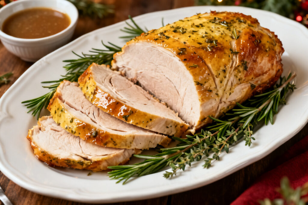 Sliced crockpot turkey breast on a platter with herbs and gravy