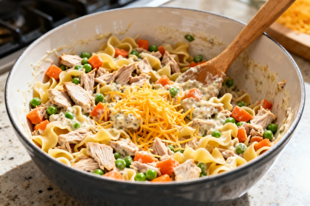 Mixing leftover turkey casserole filling in a bowl