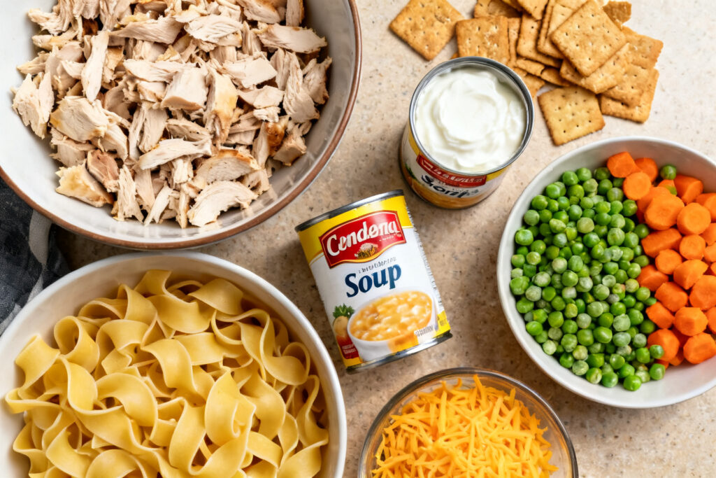 Leftover turkey casserole ingredients flat-lay with turkey, noodles and cheese