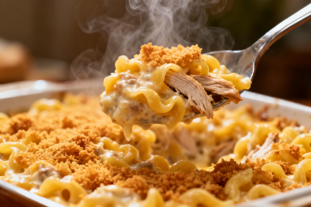 Scoop of creamy leftover turkey casserole lifted from the dish