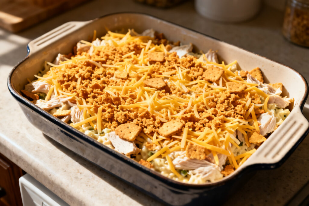 Unbaked turkey casserole topped with cheese and cracker crumbs
