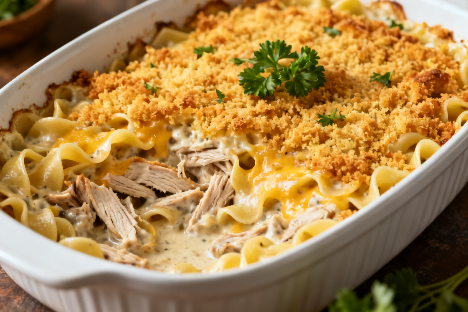 Baked leftover turkey casserole with cheese and crumb topping