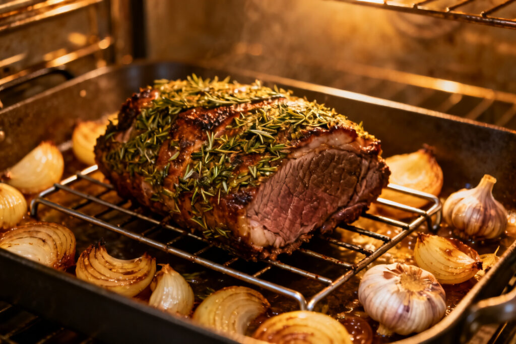 Herb-crusted prime rib roast in a roasting pan