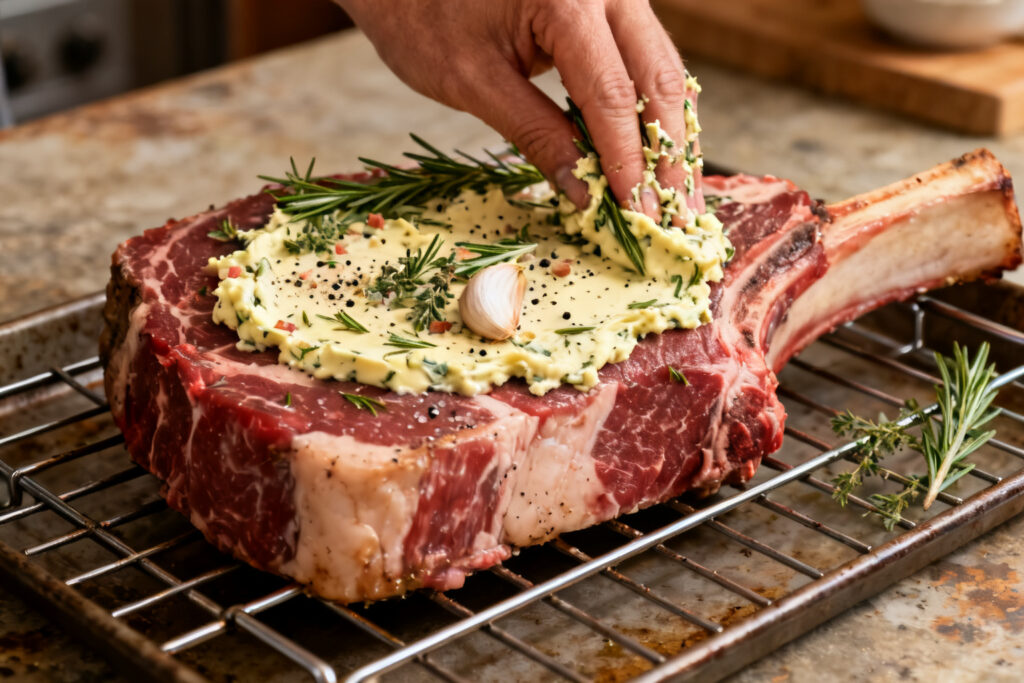 Raw prime rib being rubbed with garlic herb butter