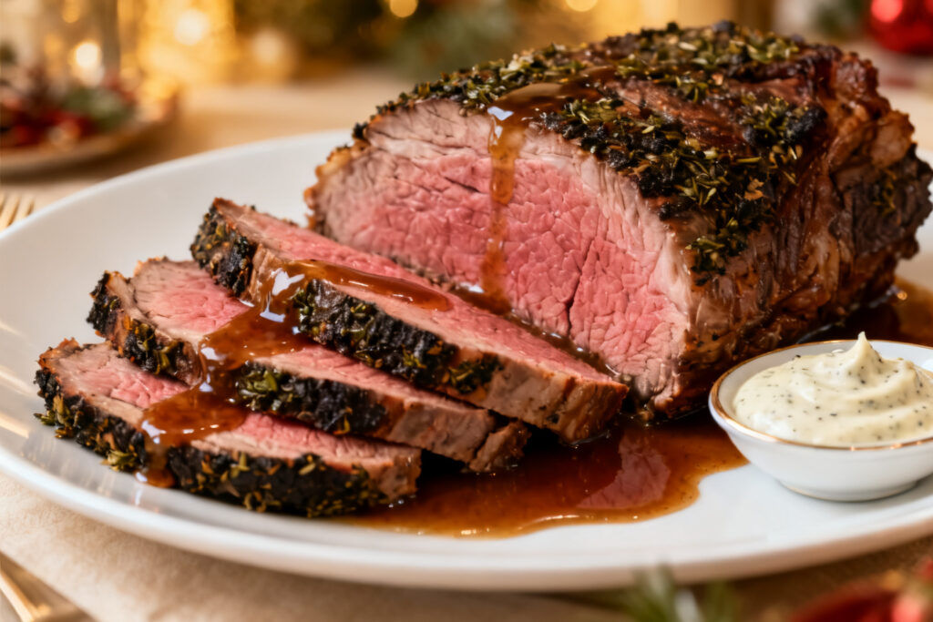 Slices of prime rib with au jus on a plate