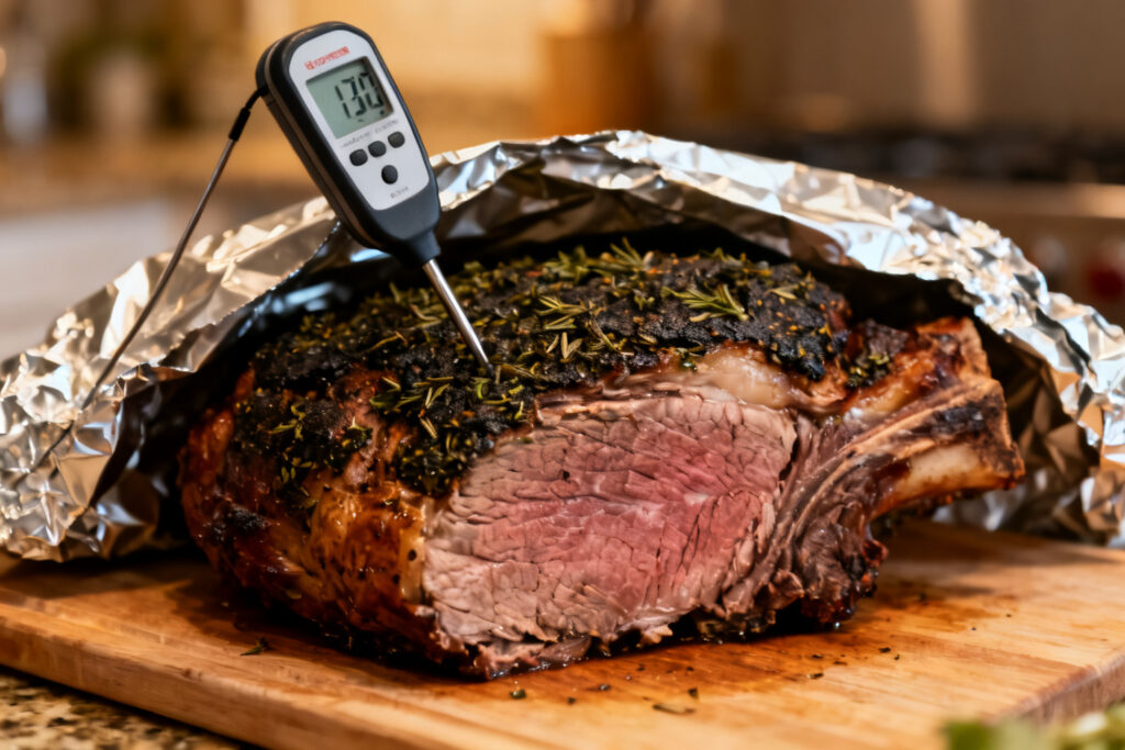 Meat thermometer in a roasted prime rib checking doneness