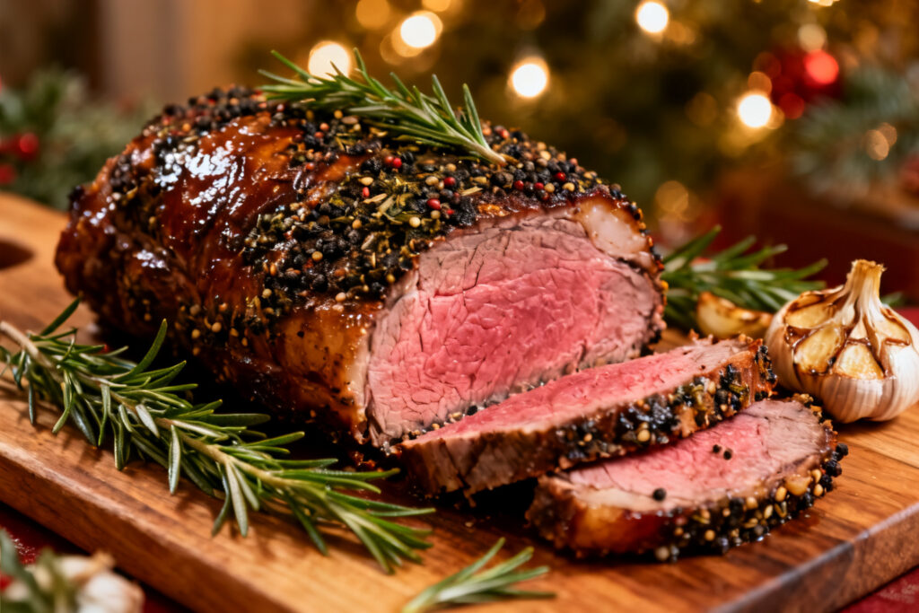 Sliced prime rib roast with herb crust and a rosy medium-rare center