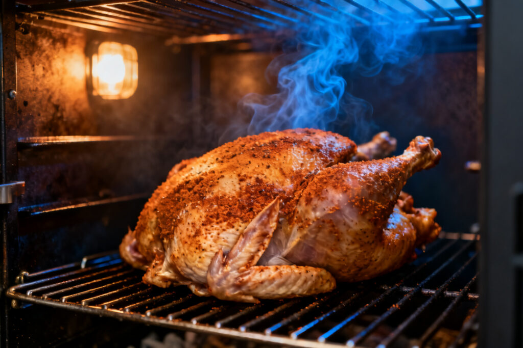 Seasoned turkey on a pellet smoker with blue smoke rising