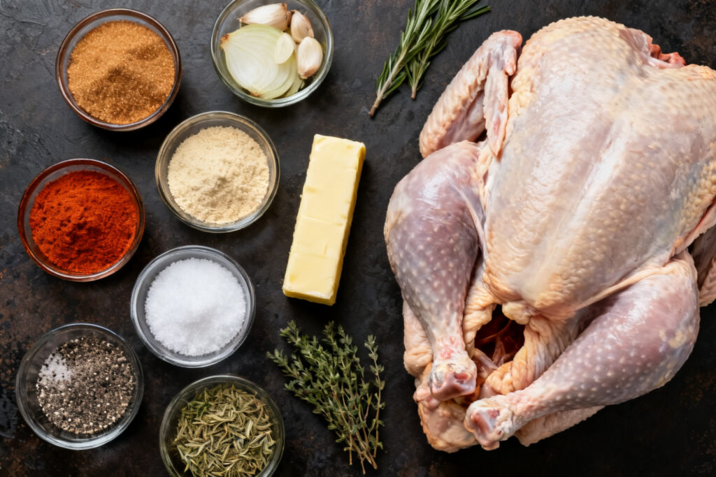 Smoked turkey dry rub ingredients flat-lay with a raw turkey
