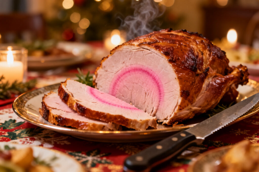 Sliced smoked turkey breast with a smoke ring on a platter