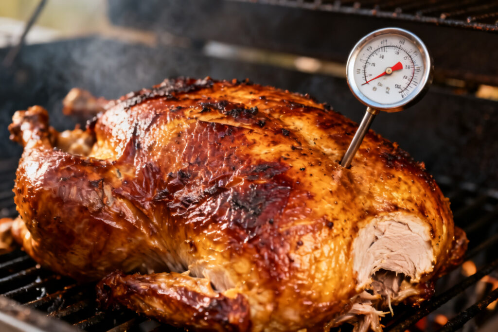 Meat thermometer in a smoked turkey breast checking doneness