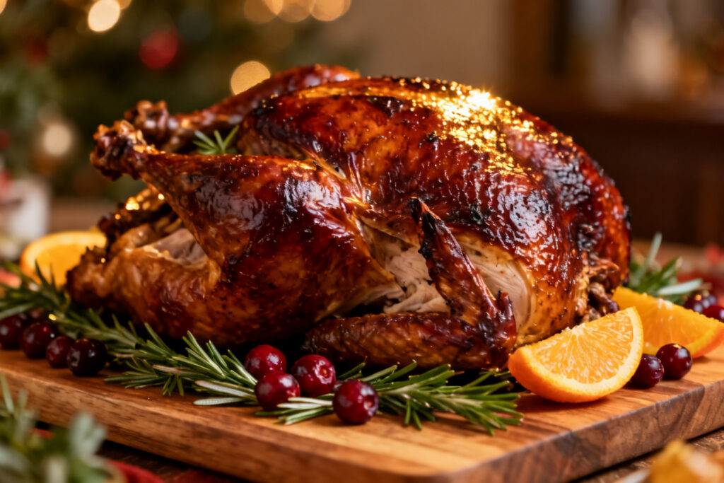Whole smoked turkey with crispy mahogany skin on a wooden board